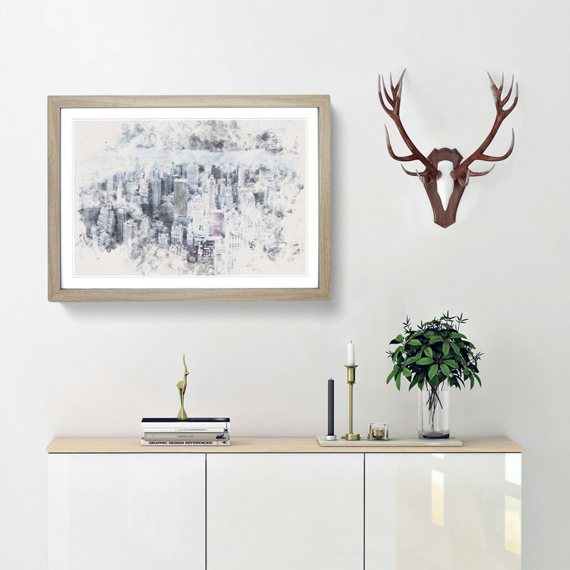 Moody New York City Skyline - Framed Print, 62cm H x 87cm W x 2cm D, Oak Framed