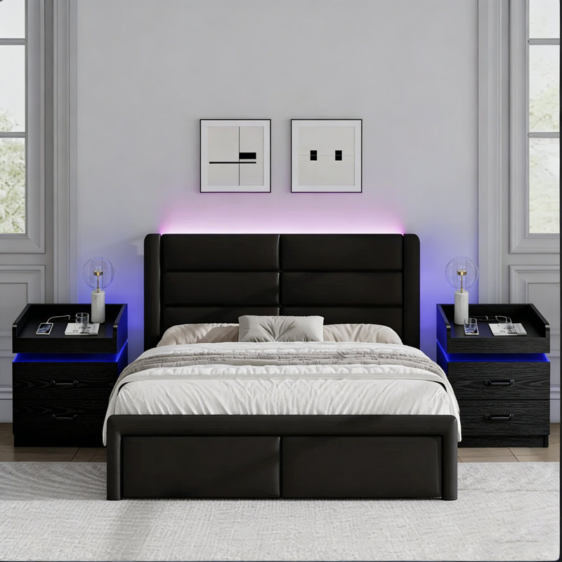 Ensemble de lit plateforme tapissier à DEL avec 2 tables de chevet modernes à DEL - ensemble de chambre à coucher 3 pièces