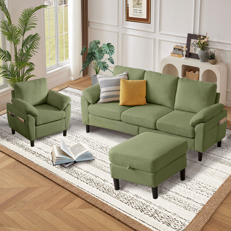 Ensemble de canapé modulaire 3 pièces avec fauteuil et repose-pieds, Vert