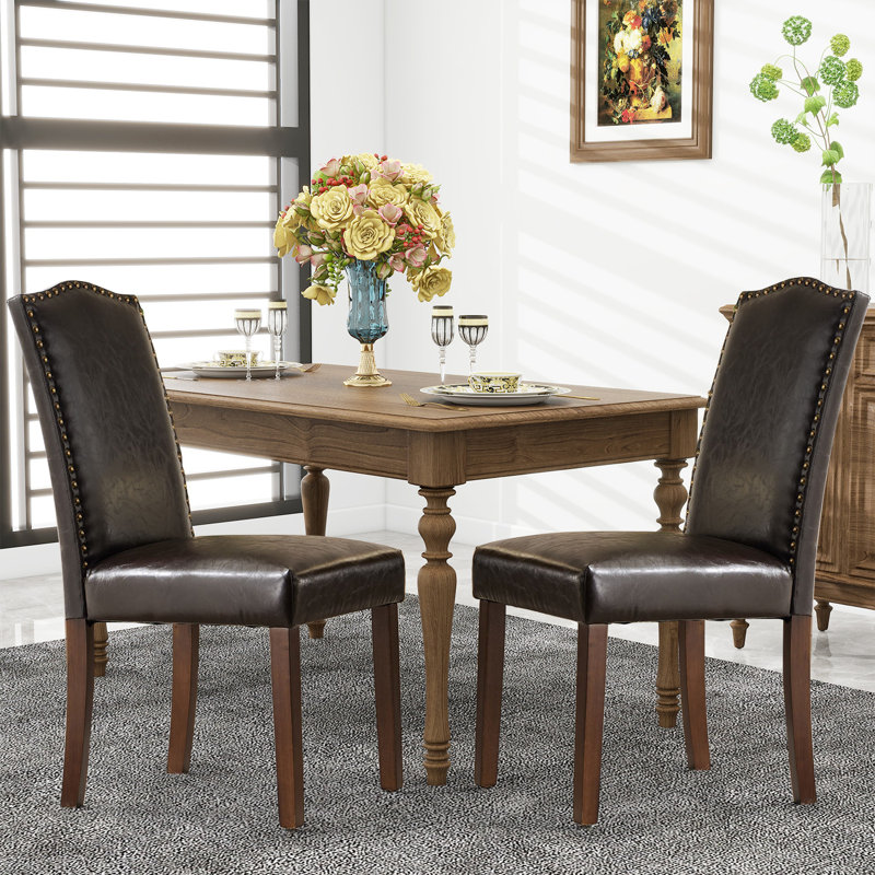 Upholstered Dining Chairs Set Of 6, Modern Leather Dining Room Chair With Nailhead Trim And Wood Legs, Mid-Century Accent For Living Room, Kitchen, Dark Brown