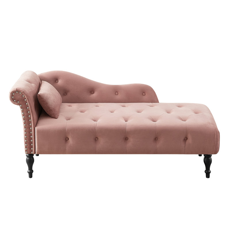 Elegant Rose Velvet Chaise With Buttons, Nailhead Trim, Solid Wood Legs & Pillow - Enhance Your Living Space Room, Bedroom, Office Lounge Button Tufting, Legs, Trim Add A Touch Of Elegance