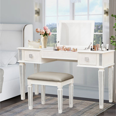 Mirrored Vanities Desk With Drawers, Bedroom Makeup Vanity Table Set With Mirror And Stool, Flip Up Dressing Table For Bedroom/Makeup Room, Working Desk For Women, Girl Furniture Combo
