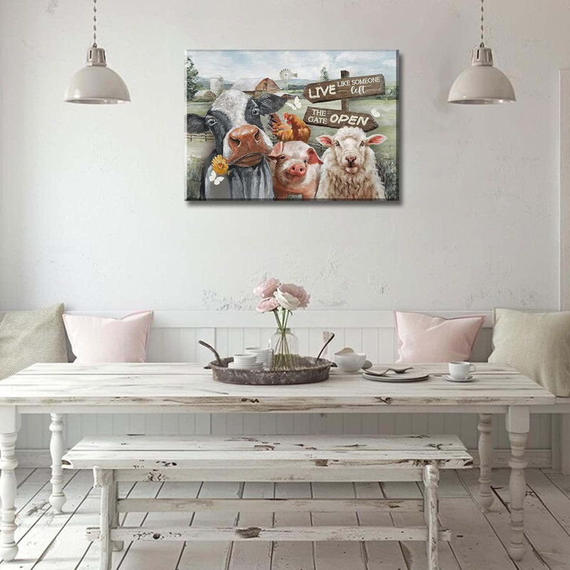 Funny Farm Animals Canvas Wall Art Rustic Farmhouse Poster Print Picture Cute Cow Sheep Pig Chicken Barn, 30 cm H x 40 cm W