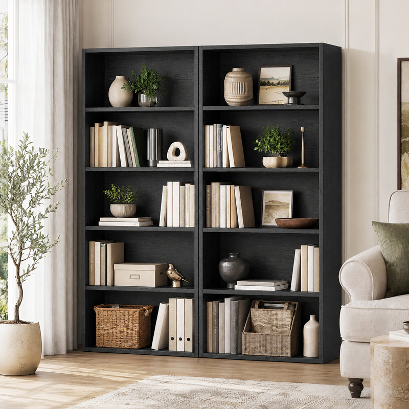 Tall Bookcase - Set Of 2, Storage And Display Bookshelves For Home Office And Living Room, 53" H x 23.8" W x 9.2" D, Black