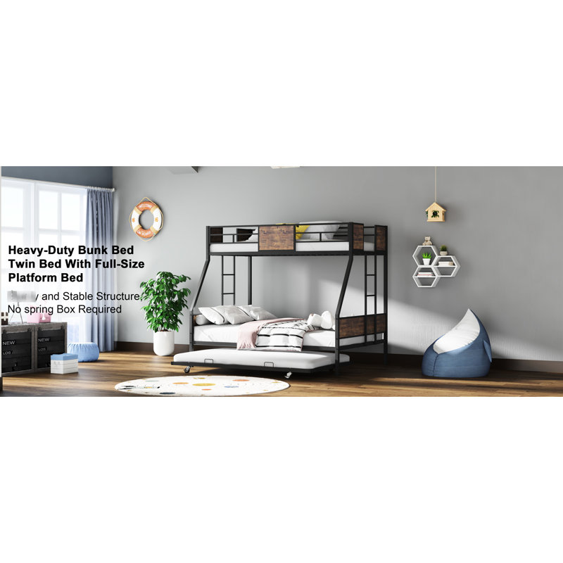 Twin Over Full Bunk Bed With Trundle, Metal Frame For Small Bedrooms, Features, Space - Saving, No Box Spring, Strong Support, Quick Setup Process Ideal Spaces, Construction, Guardrail, 2 Ladders,