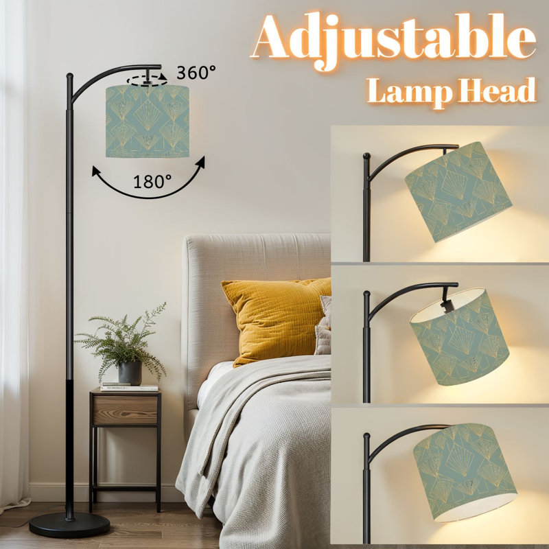 Arc Floor Lamp Art Deco Geometric Golden Feathers Blue Standing Light with Adjustable Lampshade 3 Colour Dimmable Tall Lamp with Remote Control for Living Room Bedroom