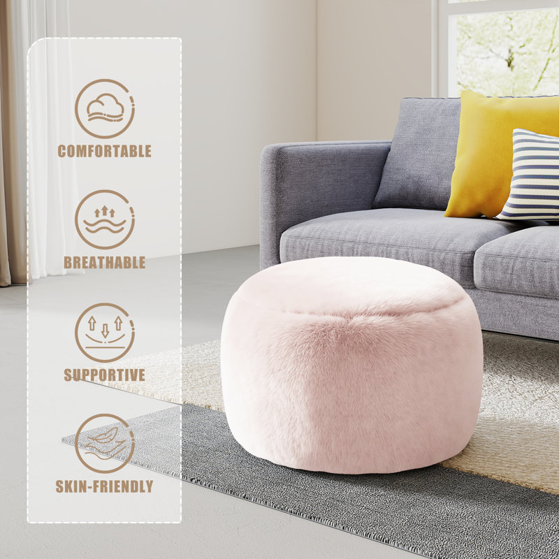 20" Wide Faux Fur Ottoman Round FootStool for Modern Interior Design, Pink