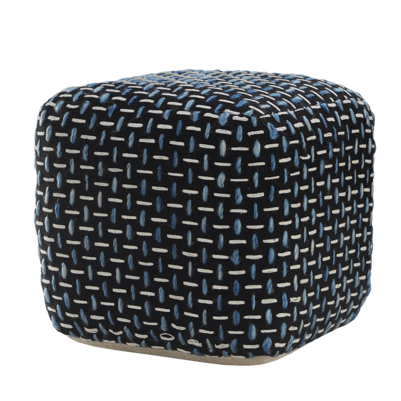 16" Polyester Ottoman, Black/White/Blue