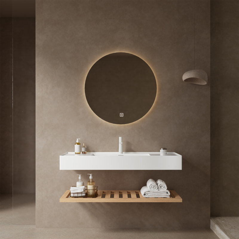 48" Bathroom Vanity With Vessel Sink, Wall-Mounted Floating White Rectangular Engineered Stone Basin Without Faucet, Striped Shelves Layer