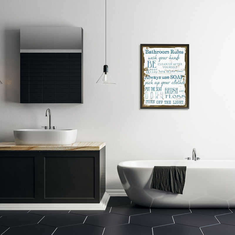 «Brown and Blue Classic Bathroom Rules» par Taylor Greene - impression, Giclée encadrée noir minuit, H 30 po x l 24 po