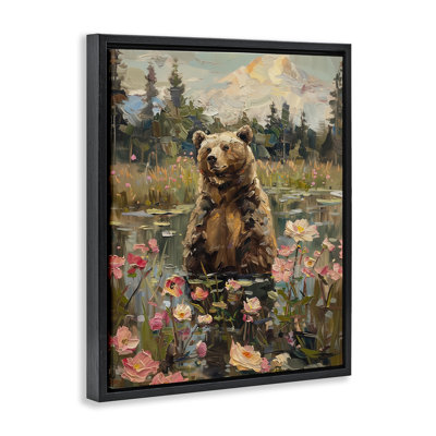  Bear in Floral Pond Framed Floater Canvas Wall Art by Arlington Prints