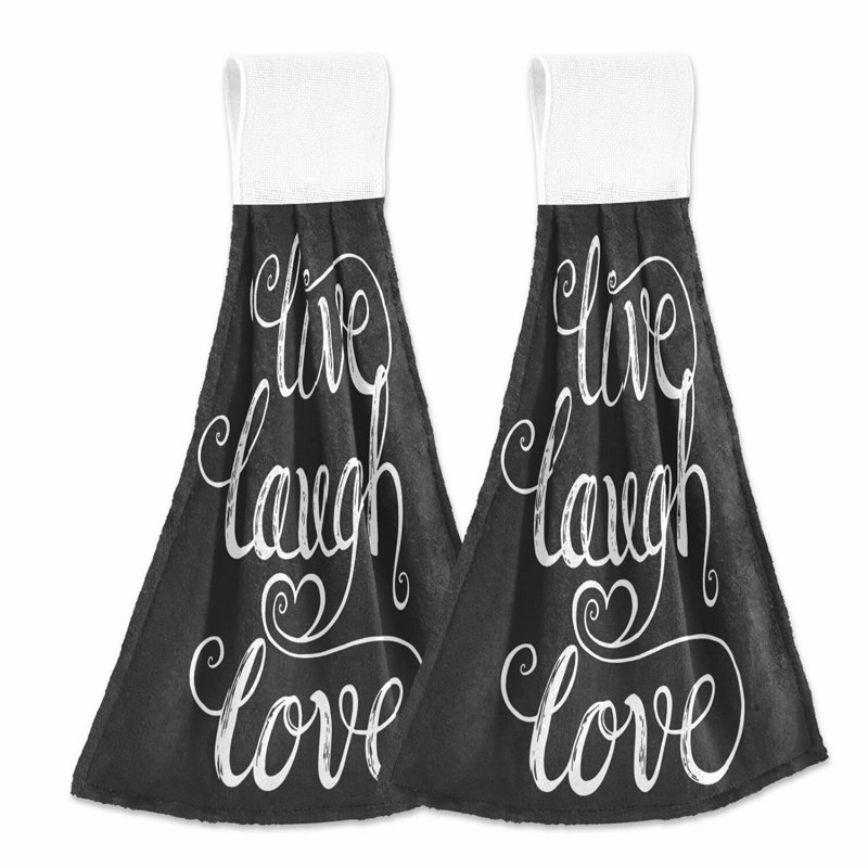 Heartfelt Harmony Black Kitchen Hand Towels - Absorbent Hanging Tie Towels with Loop for Bathroom (Set of 2)