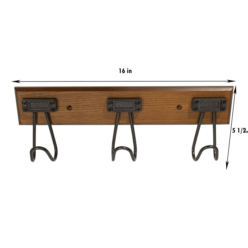16'' Walnut and Black Metal Wall Mounted Hook Rack with 3 Hooks