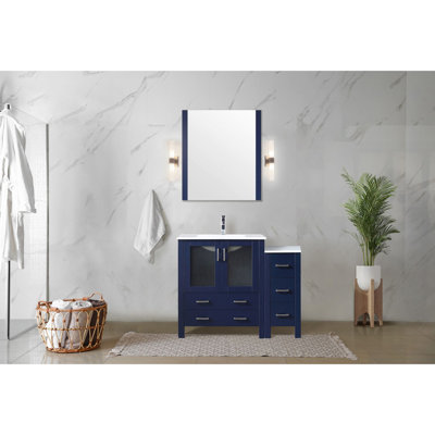 Bleu marine 42 po Meuble-lavabo large avec armoire latérale, comptoir en céramique blanche, miroir 28 commensurable, fermeture en douceur et comptoir à taches avec comptoir, tiroirs à fermeture appropriée, abondant