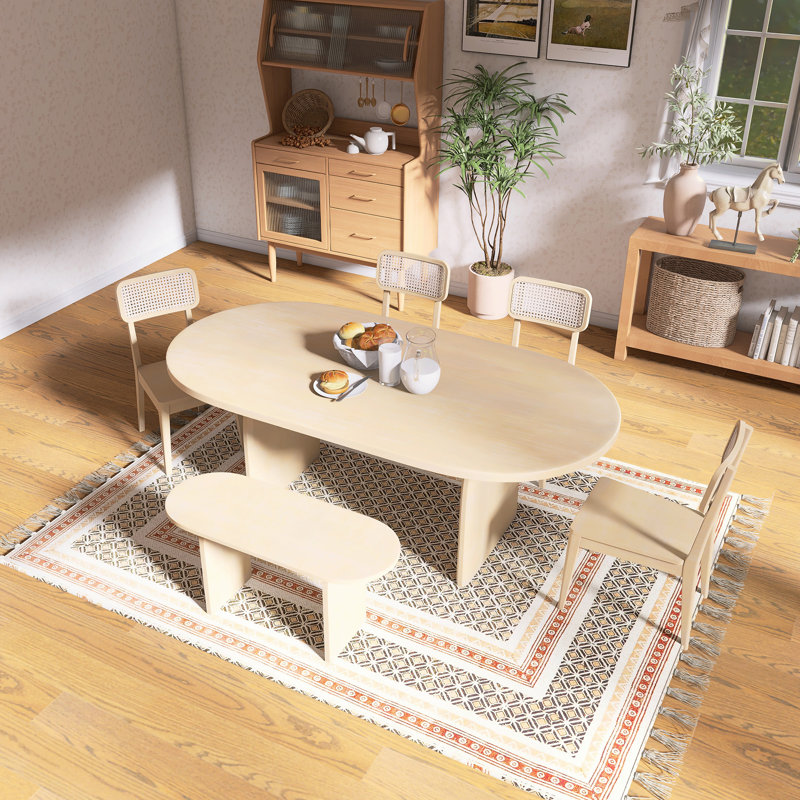 6-Piece Solid Wood Dining Table Set With Rattan-Back Chairs, Natural