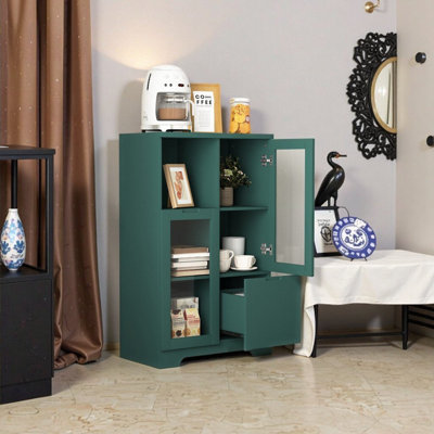 Modern Green MDF Storage Cabinet with Glass Doors, Drawer & Open Shelves for Living Room or Bedroom