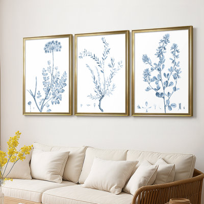Antique Botanical in Blue V - Toile tendue avec châssis sur mesure - 3 pièces