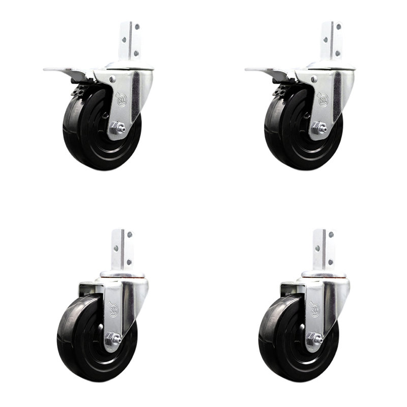 4 Inch Hard Rubber Swivel 7/8 Inch Square Stem Caster Set 2 Total Lock Brakes