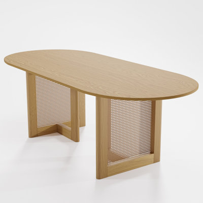 79" Natural Solid Wood and Rattan Double Pedestal Base Oval Dining Table