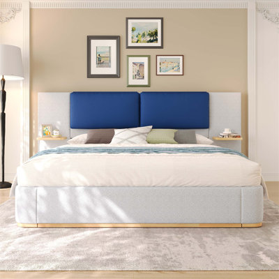 Très grand lit plateforme tapissier avec coins arrondis doux, tablettes intégrées et support durable, aucun sommier nécessaire, assemblage facile, gris