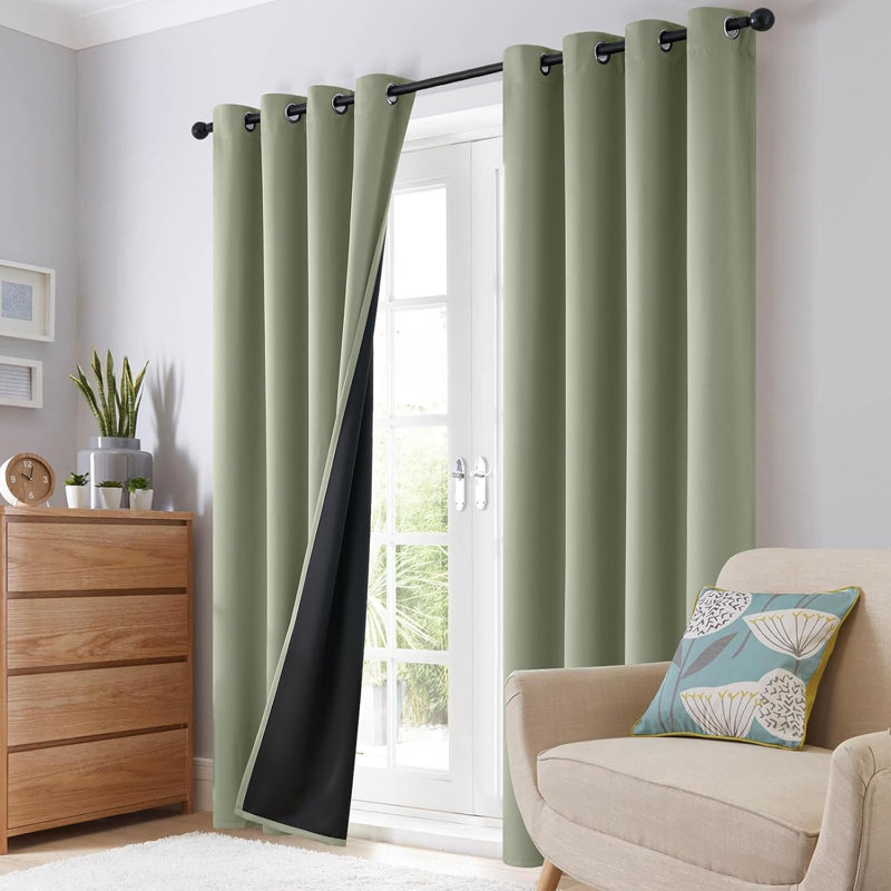 Eliott Solid 100% Blackout Thermal Insulated Grommet Curtain Panels Heat and Full Light Blocking Curtains for Living Room with Black Liner 2 Panels Set