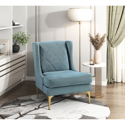 Chaise moderne en chenille bleue de luxe moderne avec pieds à finition dorée, housse de coussin amovible et accoudoir à oreilles de 2,5 po de largeur avec accoudoirs en losange, structure en contreplaqué, hauteur des pieds de 7,5 po