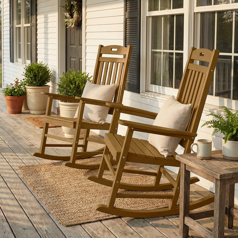 Outdoor Rocking Chairs Set of 2, Oversized Weather-Resistant Patio Rocker, High-Back Poly Porch Seating, Heavy-Duty 350lbs Capacity for Lawn & Garden, Teak