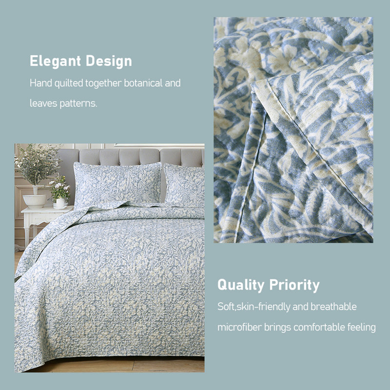 SLEEPBELLA Bluish Grey Botanical Quilt Set California King Size 3Pcs, Bluish Grey Printed with Beige Leaves Pattern, All Season Lightweight Coverlet Sets