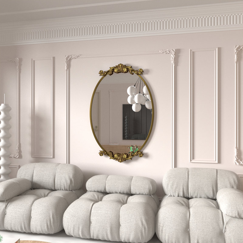 Dieudson Oval Aluminum Alloy Baroque Wall Mirror, Brushed Gold, 32" x 20"