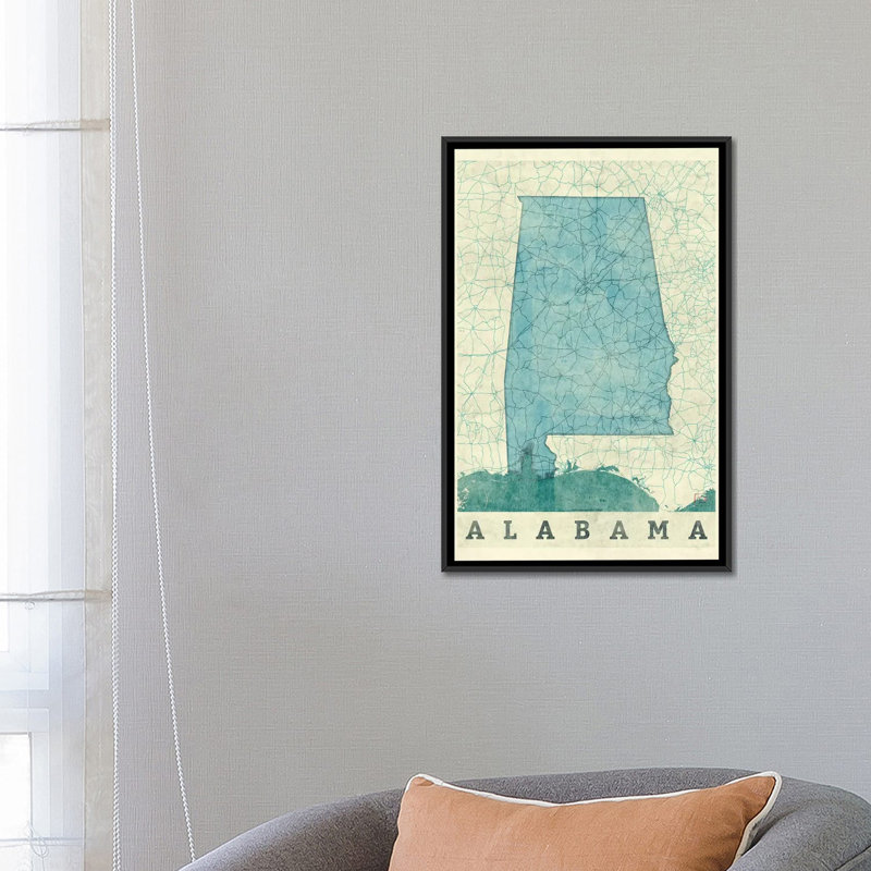 «Alabama Map», impression sur toile, Toile avec cadre noir, H 48 po x l 32 po x P 1,5 po, Pas de tapis