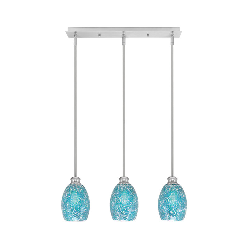 Luminaire suspendu linéaire 3 lumières Edge avec verre de fusion 5 po Edge, Fusion turquoise, Nickel brossé
