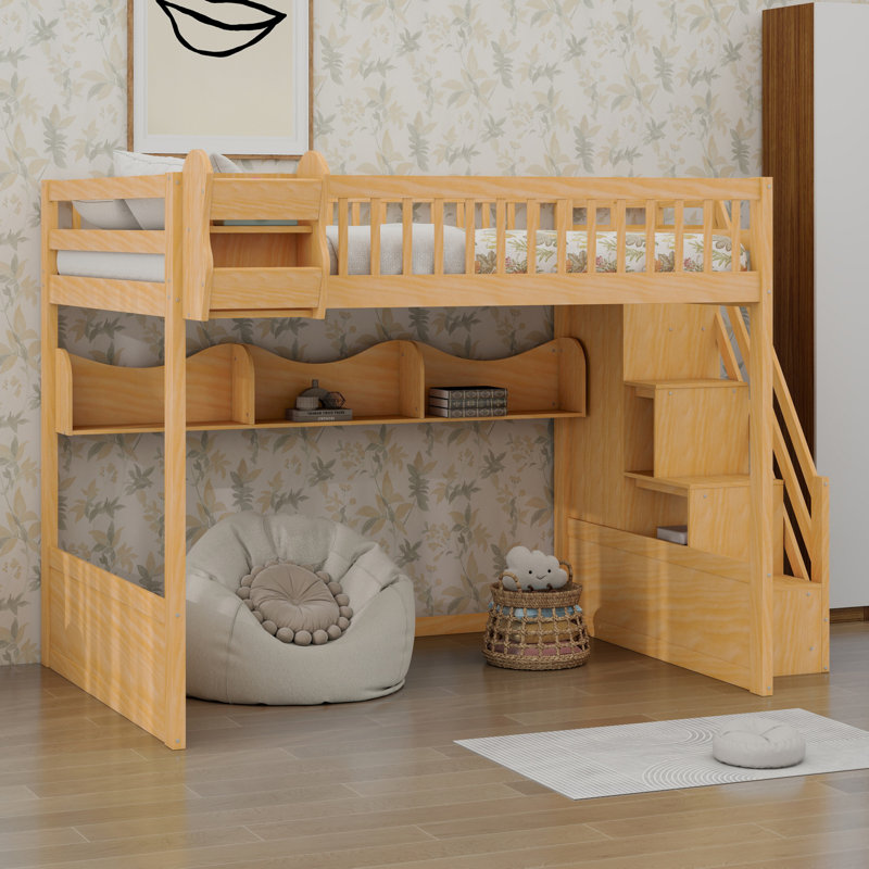 Lit mezzanine en bois avec escalier et garde-robe, tablettes de rangement et espace sous le lit, Naturel