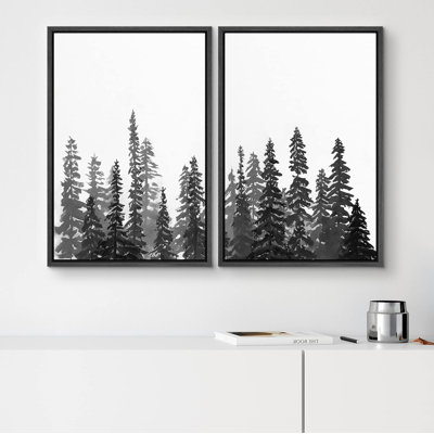 Aquarelle, pin noir, forêt, nature sauvage, art moderne, rustique, détente, calme, multicolore, 2 pièces