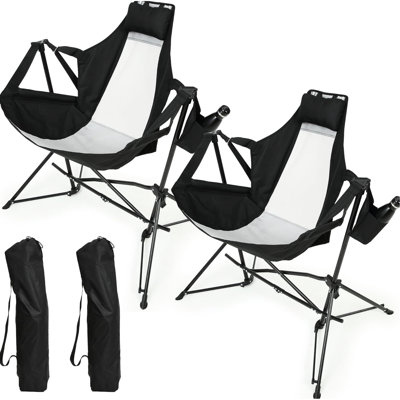Chaise pliante portative, noire avec coussin et porte-gobelet, dossier réglable pour patio extérieur, 2 pièces, capacité de charge de 250 lb