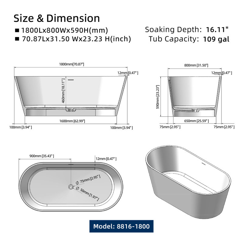 71" Stone Resin Freestanding Bathtub, Elegant Oval Freestanding Soaking Bathtub, Solid Surface Soaking Tub, Matte White, Cupc Certified, Integrated Slotted Overflow And Pop-Up Drain