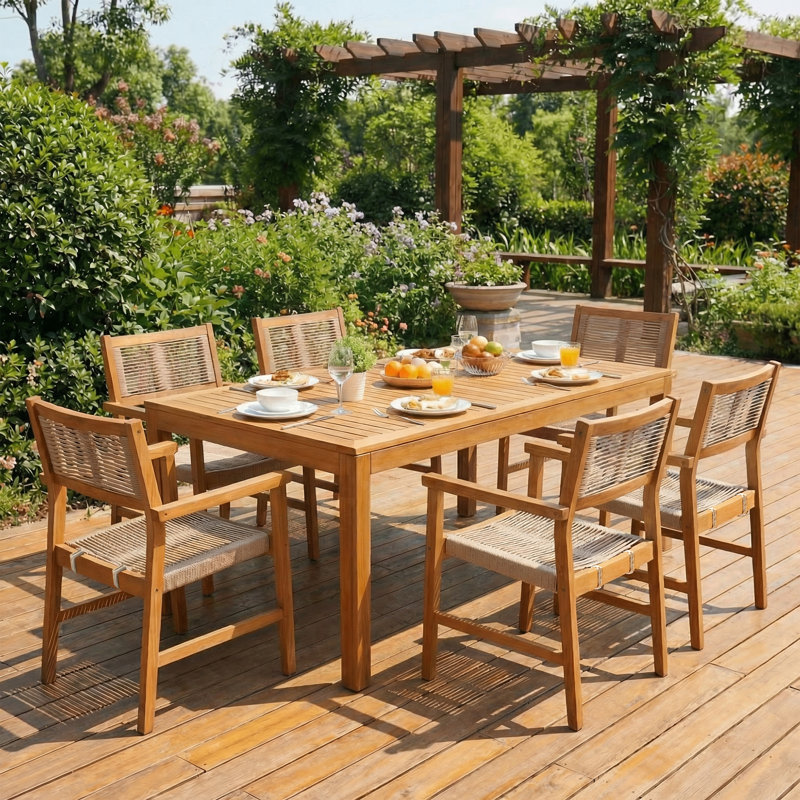 6-person Solid Wood 63"l Rectangular Outdoor Dining Table With 6 Handwoven Chairs, Easy To Set, Water Resistant Patio Furniture Set For 6 - Natural (7 Pieces)