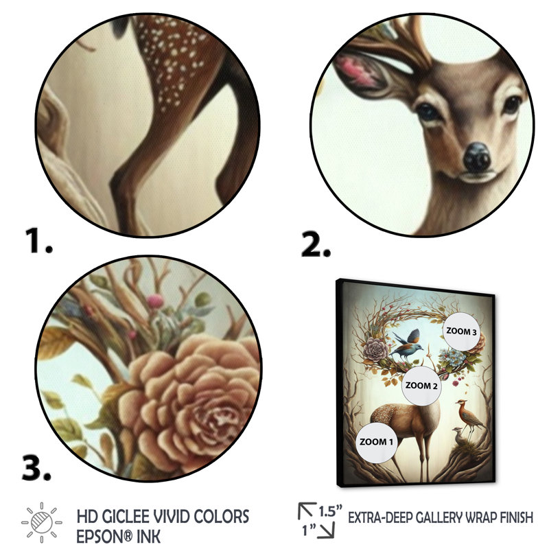 «Avalynn Deer With Blooming Antler IV», reproduction sur toile, H 20 po x l 12 po x P 1 po, Toile avec cadre flottant noir