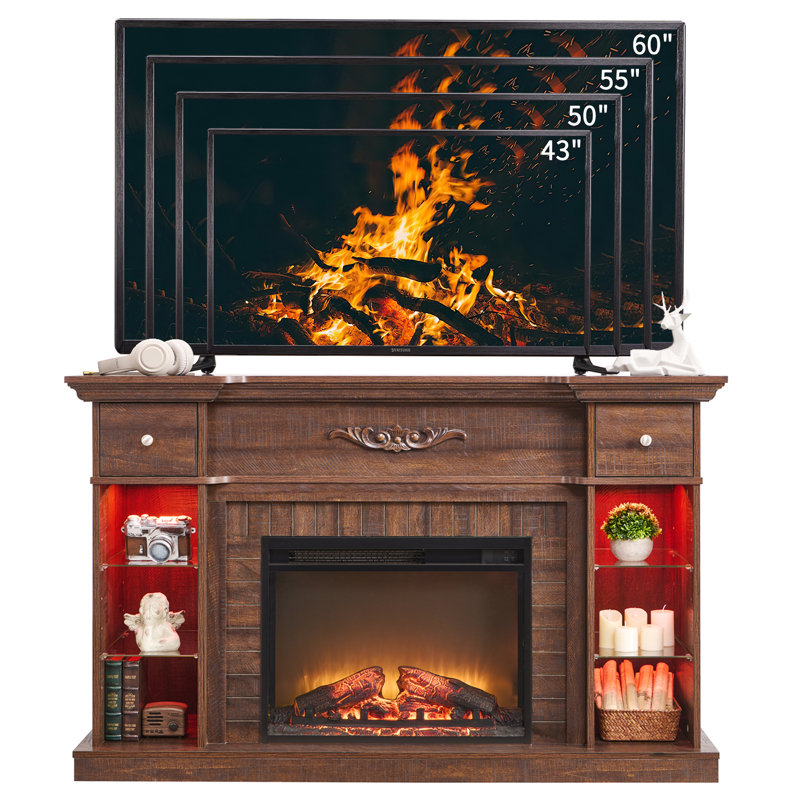 54.7" Electric Fireplace with Mantel, Fireplace TV Stand for 60 Inch TV with Storage, Brown
