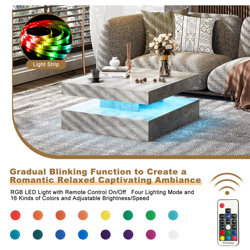Charvez Solid Coffee Table with 16 Colors LED Lights, 78 X 78cm, 40cm H x 78cm W x 78cm D, Grey
