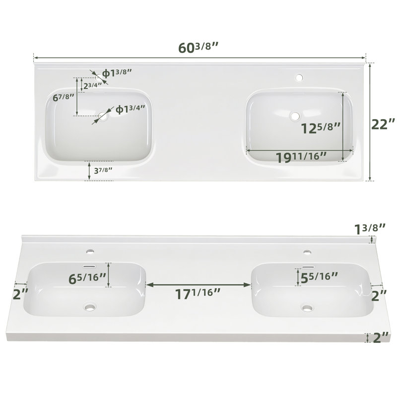 60'' W X 22'' D Solid Surface Bathroom Vanity Top White Rectangular Vanity Basin Double Sinks Countertop with Pre-drilled Faucet Hole