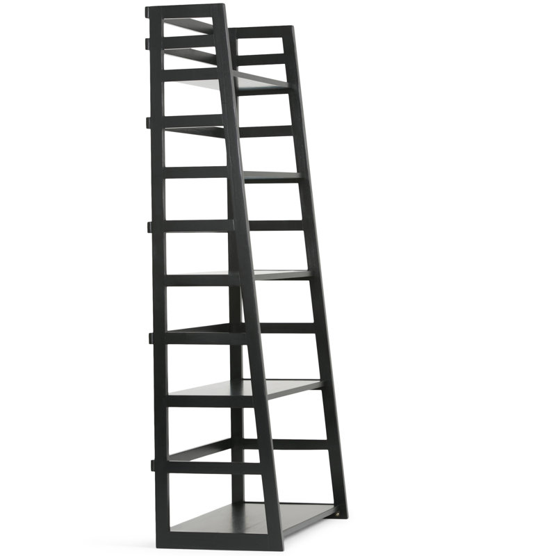 Acadian 63"H Solid Wood Transitional 5-Shelf Ladder Bookcase with Slanted Frame and Open Storage, Black