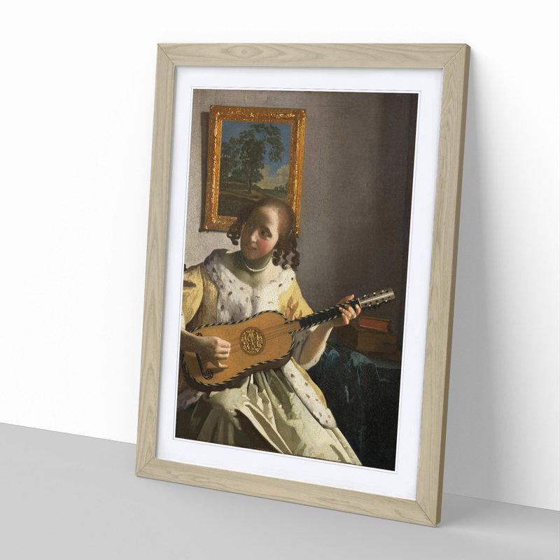 Girl Playing Instrument by Johannes Vermeer - Picture Frame Painting, Oak Framed, 48cm H x 36cm W x 2cm D