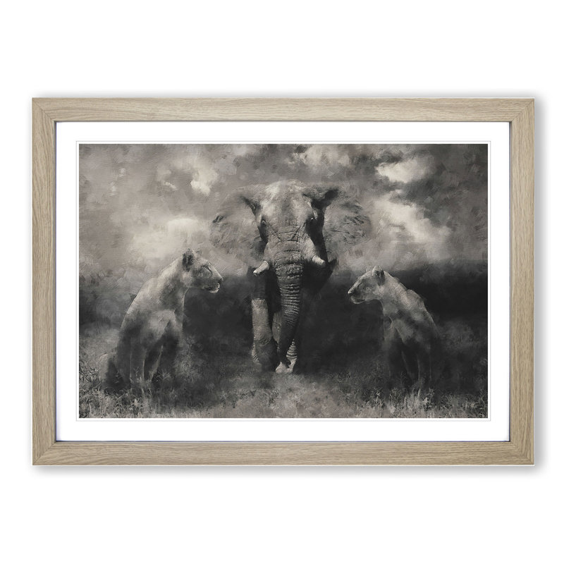 Elephant with Lions - Picture Frame Graphic Art, 27cm H x 36cm W x 2cm D, Oak Framed
