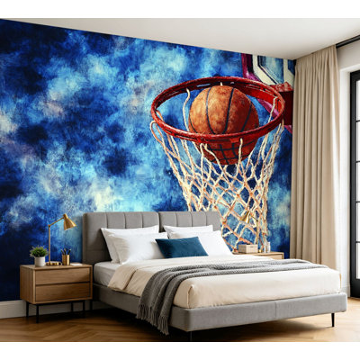 Wall Mural Peel and Stick Wallpaper Sports Baseball Sport Theme Vintage Basketball Hoop Net Sky Self-Adhesive Removable Contact Paper Wall Decor for Living Room Bedroom 100"H x 144"W