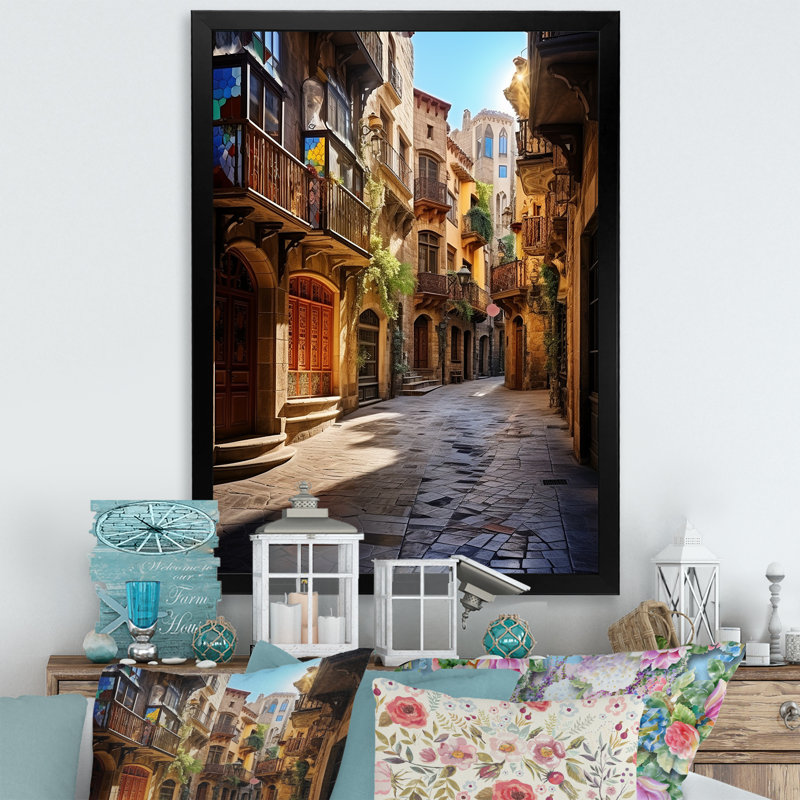 Espagne, quartier gothique de Barcelone, art mural sur toile Cityscapes, Cadre photo noir, H 32 po x l 24 po x P 1 po
