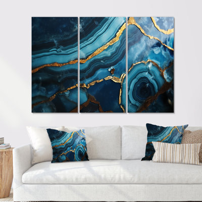 Agate sarcelle «Waves of Glam Gold I», ensemble d'art mural en marbre