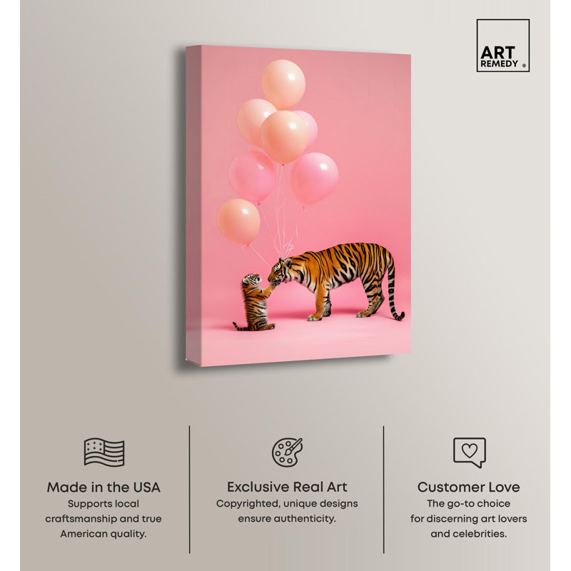 Joyful Wilderness Pink Canvas Art with Tigers and Balloons