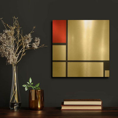 «Composition No. I, with Red and Black, 1929» par Piet Mondrian, art mural en métal doré, 12 po x 12 po