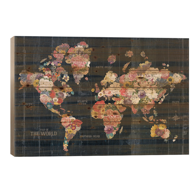 «Harshika Botanical Floral Map Words» par - Impression sans cadre sur bois, H 18 po x l 26 po x P 1,5 po