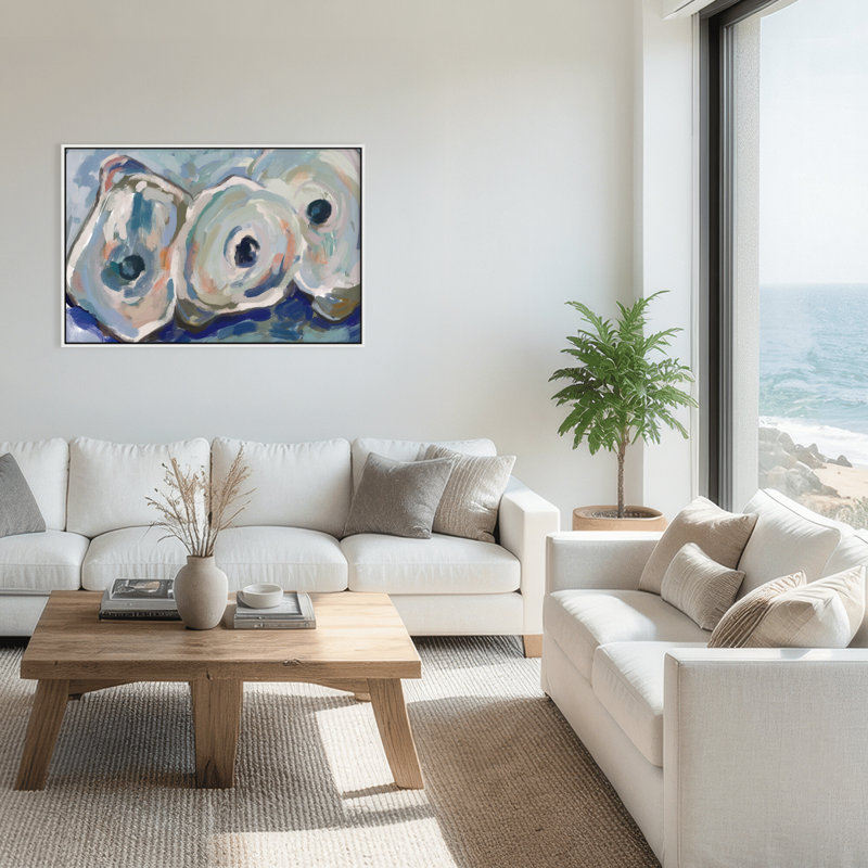Coastal Retreat Pearlescent Elegance: Oyster Abstract, 16" H x 24" W x 2.375" D, Framed Canvas, White